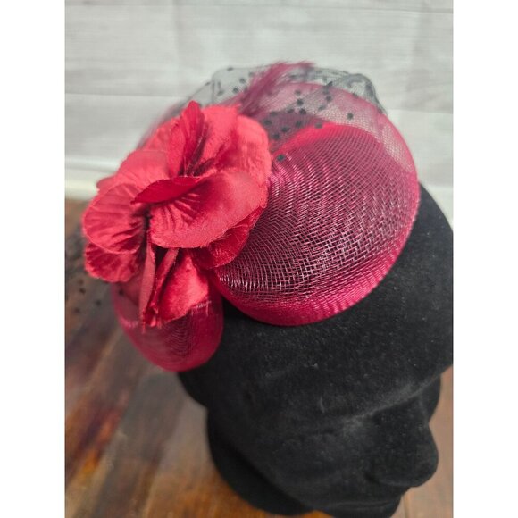 Vintage Red Flower Feather Fascinator Headband Hat Cocktail Cap - Picture 4 of 11